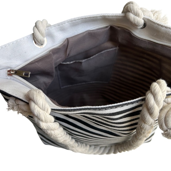 Threaded Pear Black & White Striped Tote Bag with Rope Handles - Picture 7 of 9